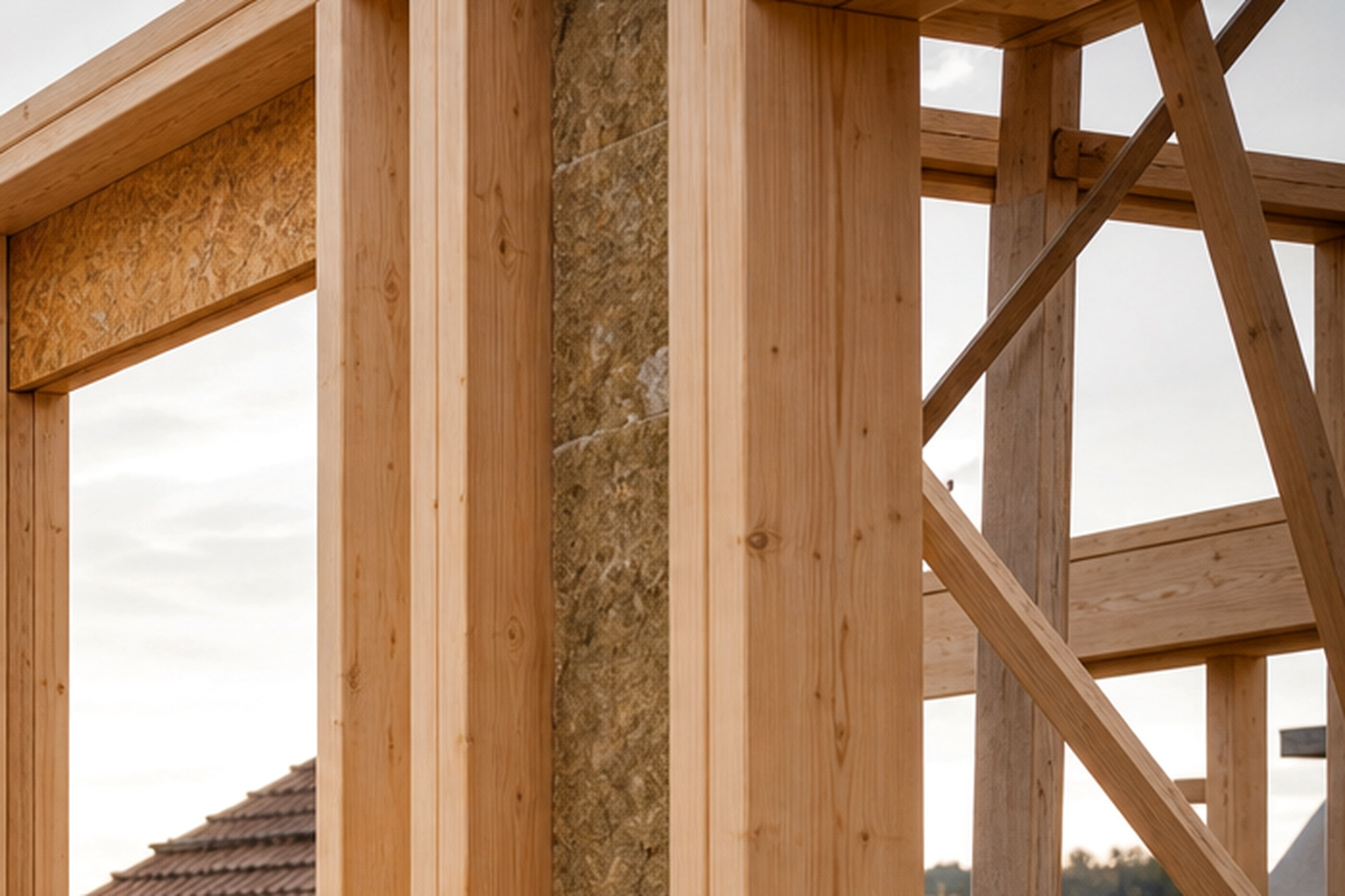 Holzrahmenbau mit Ständerwand auf einer Baustelle