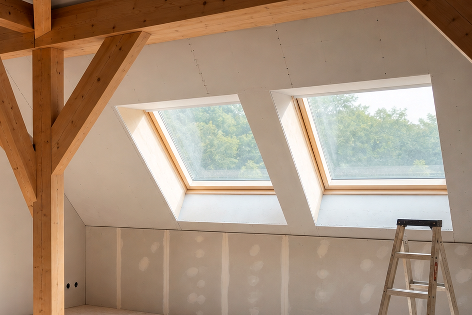 Innenausbau mit Trockenbauplatten und sichtbaren Holzbalken