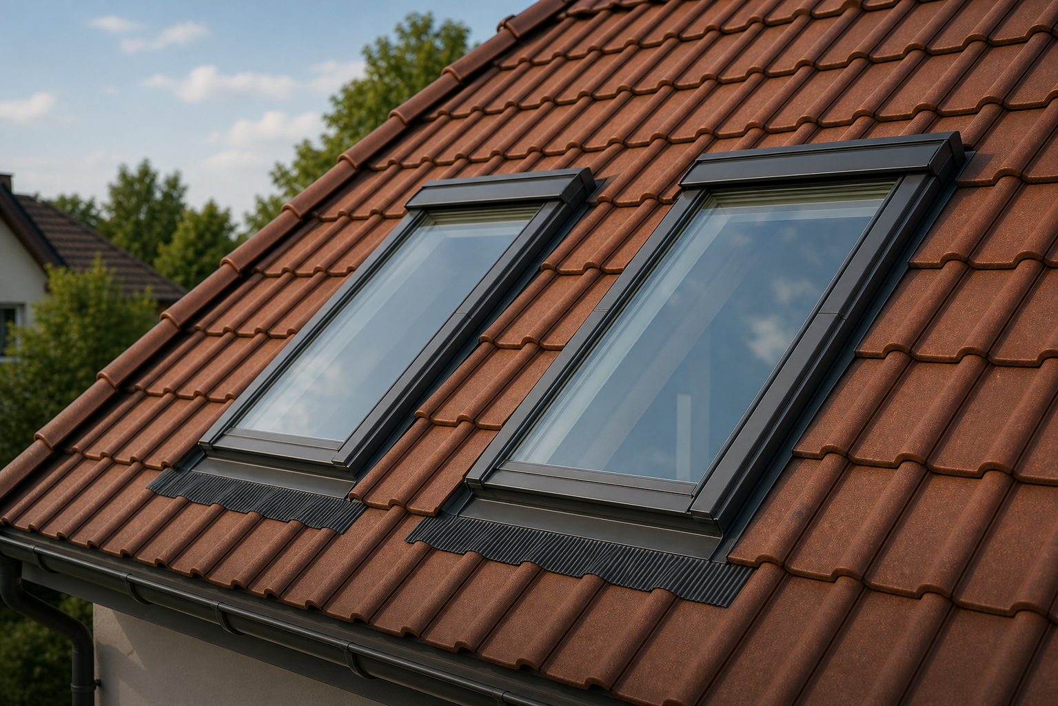 Zwei moderne Dachfenster in einem roten Ziegeldach